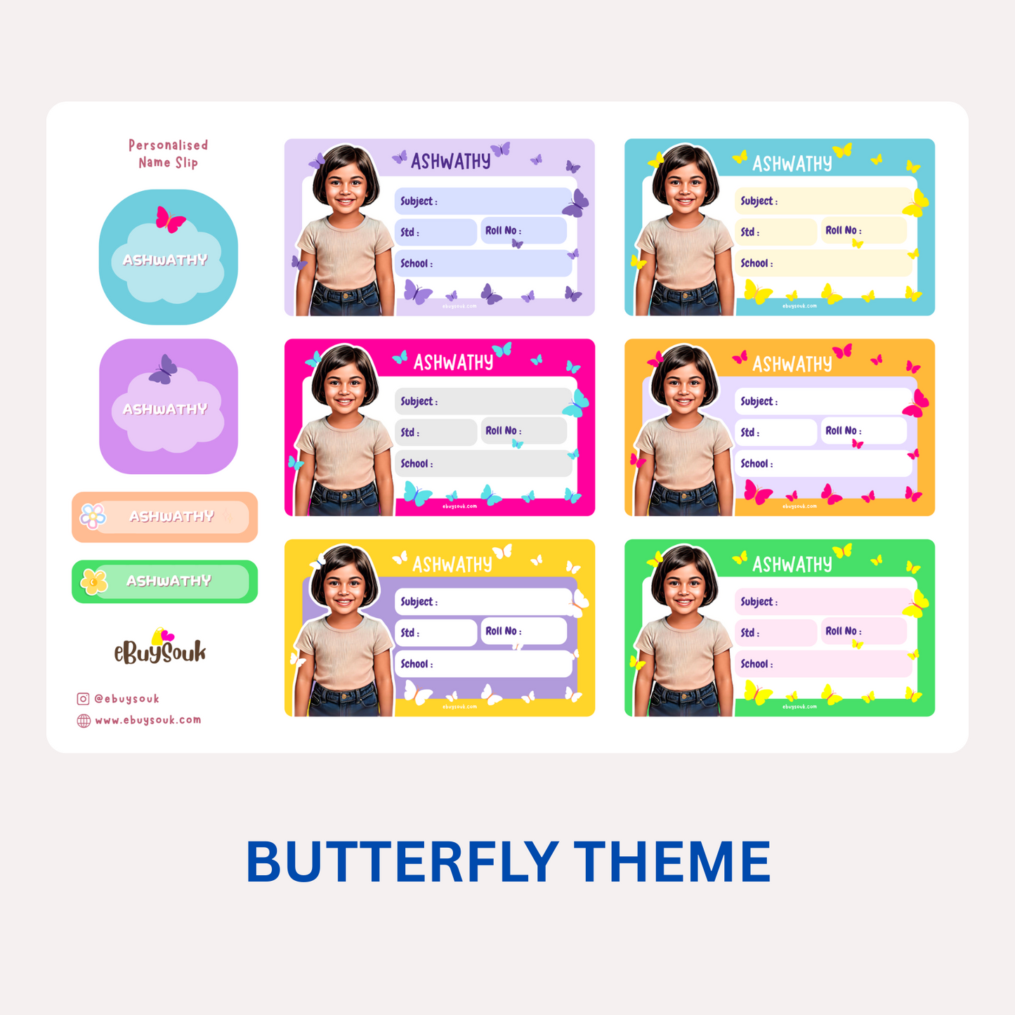 A collection of personalized name slips with a butterfly theme, featuring a photo of a child and customizable text fields for names and other information.